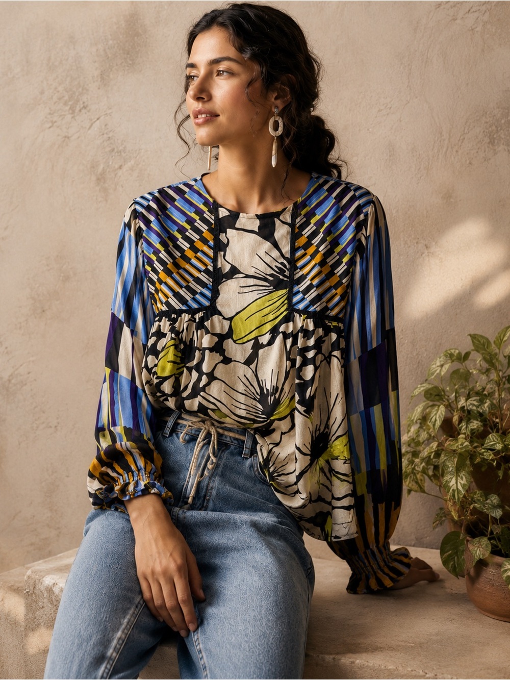 BL^NK London Mixed Print Floral Boho Babydoll Blouse Size Small 100% Viscose